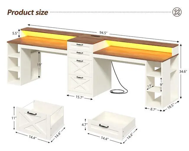 Alt view image 2 of 7 - Farmhouse 2 Person Computer Desk with 4 Drawers and Power Outlets, 94.5" Long Office Desk with Printer Shelf, Monitor Stand, Gaming Desk with LED Lights, Brown and White