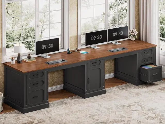 Main image of Farmhouse 110.3" Two Person Desk with 7 Drawers, Long Computer Desk with Storage Cabinet, 2 Person Desk with Power Outlets for Home Office, Black+Brown