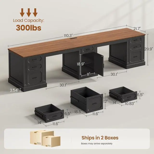 Alt view image 2 of 7 - Farmhouse 110.3" Two Person Desk with 7 Drawers, Long Computer Desk with Storage Cabinet, 2 Person Desk with Power Outlets for Home Office, Black+Brown
