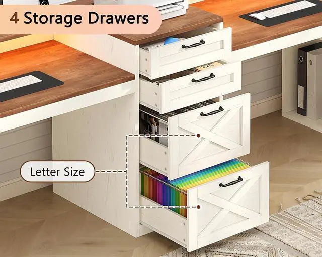 Alt view image 5 of 7 - Farmhouse 2 Person Computer Desk with 4 Drawers and Power Outlets, 94.5" Long Office Desk with Printer Shelf, Monitor Stand, Gaming Desk with LED Lights, Brown and White
