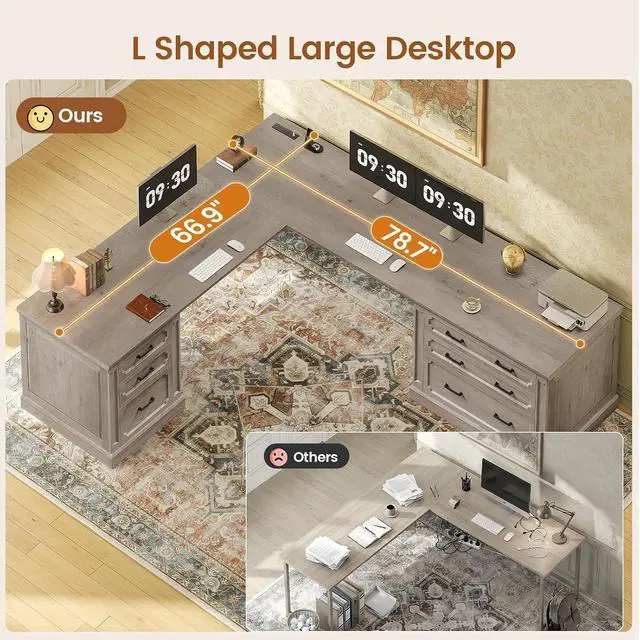 Alt view image 7 of 7 - Farmhouse 78.8" L Shaped Desk with 6 Drawers, Home Office Desk with Power Outlet, File Cabinet Storage, Wood Corner Computer Desk for Work and Study, Gray