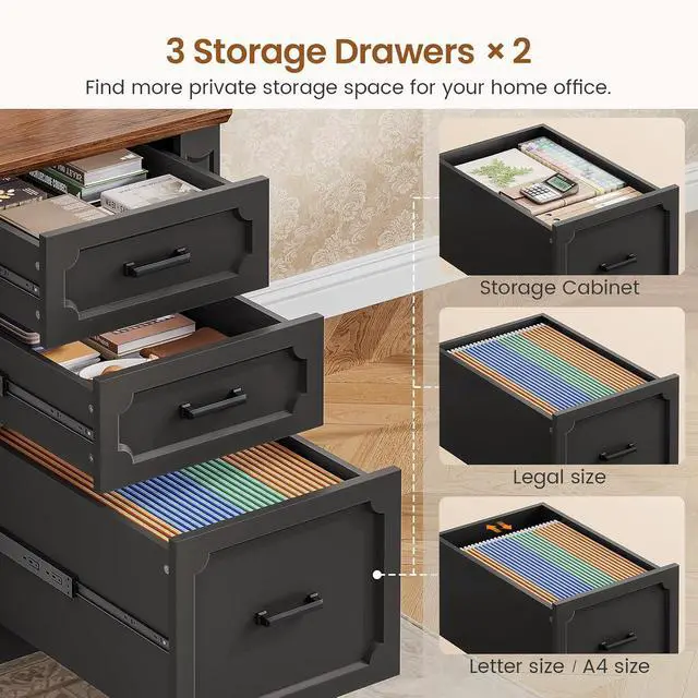 Alt view image 4 of 7 - Farmhouse 110.3" Two Person Desk with 7 Drawers, Long Computer Desk with Storage Cabinet, 2 Person Desk with Power Outlets for Home Office, Black+Brown