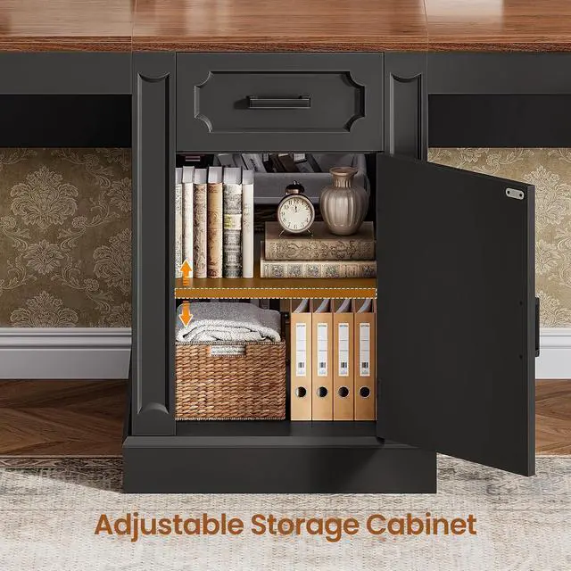 Alt view image 5 of 7 - Farmhouse 110.3" Two Person Desk with 7 Drawers, Long Computer Desk with Storage Cabinet, 2 Person Desk with Power Outlets for Home Office, Black+Brown