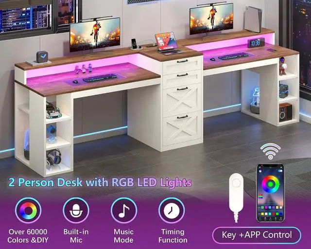 Alt view image 7 of 7 - Farmhouse 2 Person Computer Desk with 4 Drawers and Power Outlets, 94.5" Long Office Desk with Printer Shelf, Monitor Stand, Gaming Desk with LED Lights, Brown and White