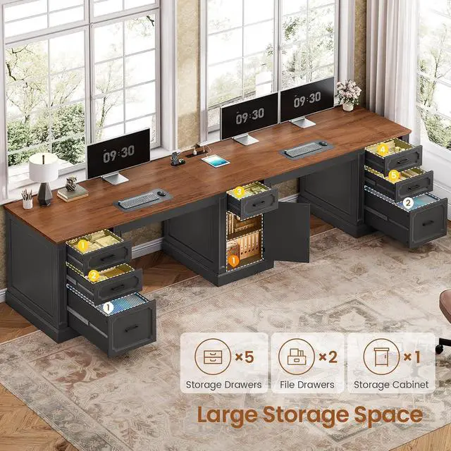 Alt view image 3 of 7 - Farmhouse 110.3" Two Person Desk with 7 Drawers, Long Computer Desk with Storage Cabinet, 2 Person Desk with Power Outlets for Home Office, Black+Brown