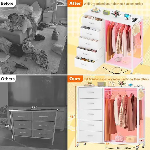 Alt view image 5 of 7 - Dresser with Hanging Rack, 5 Fabric Drawers Dresser with Clothes Rack, Wooden Top Storage Chest of Drawers with Charging Station & LED Lights, Lockable Wheels, Closet