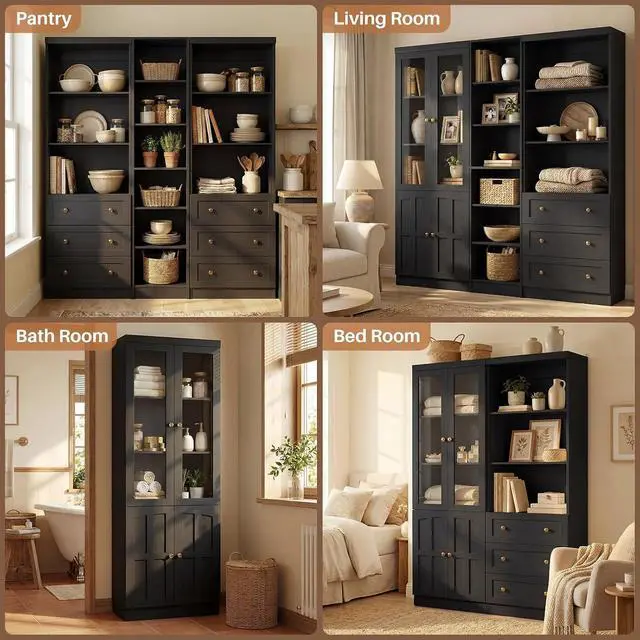 Alt view image 6 of 7 - 80" H Bookshelf with Adjustable Shelves and Thickened Top Panel, 6-Tier Open Storage Shelf, Tall Bookcase with 3 Drawers, Bookshelf with Doors for Home Office, Dining Room, Set of 3 (Black)