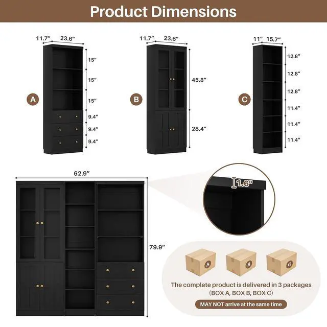 Alt view image 2 of 7 - 80" H Bookshelf with Adjustable Shelves and Thickened Top Panel, 6-Tier Open Storage Shelf, Tall Bookcase with 3 Drawers, Bookshelf with Doors for Home Office, Dining Room, Set of 3 (Black)