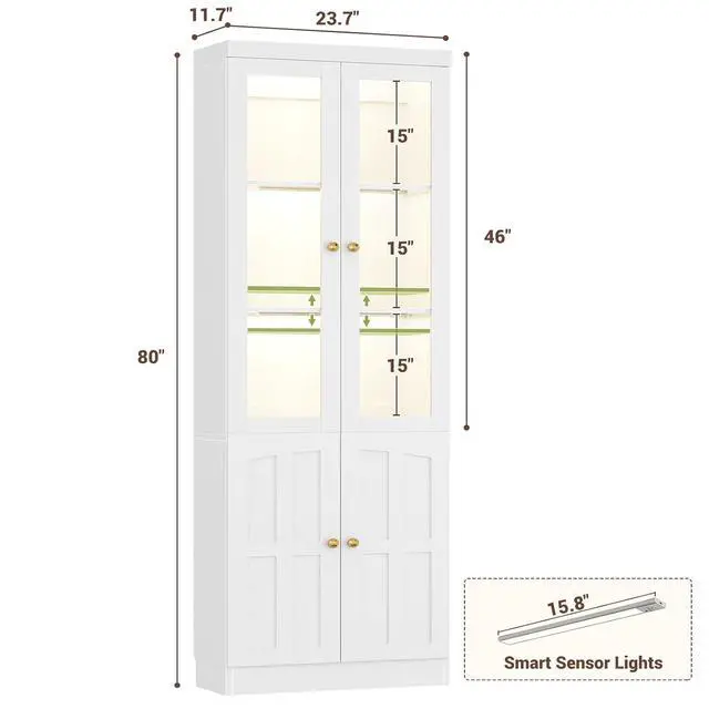 Alt view image 2 of 7 - 80" Bookshelf with Tempered Glass Doors and 3 Motion Sensor Lights, Farmhouse Bookcase with Adjustable Shelves, Thickened Top Panel, for Living Room & Home Office (White)
