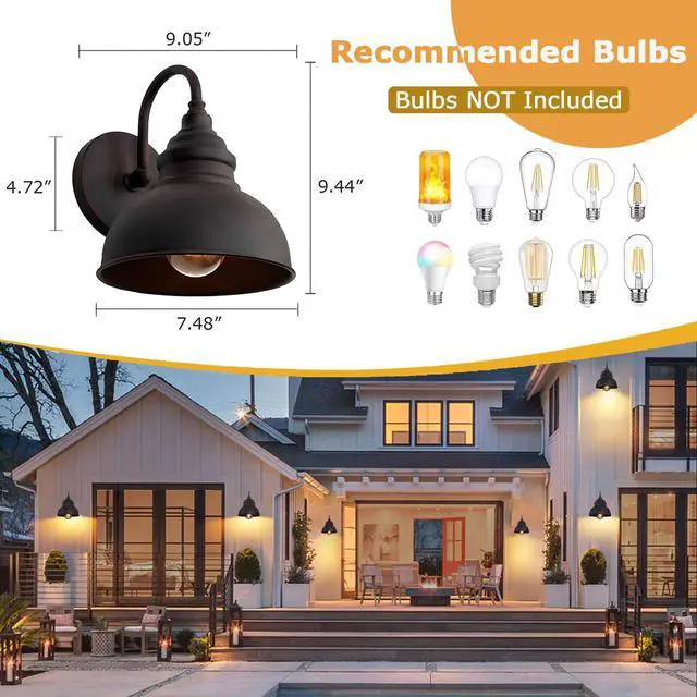 Alt view image 5 of 7 - 2-Pack Outdoor Gooseneck Wall Sconce, Rustic Farmhouse Exterior Barn Light Antique Copper Finish Wall Mount Light Vintage Wall Lighting Fixture E26 Waterproof Wall Lantern for Garage Patio