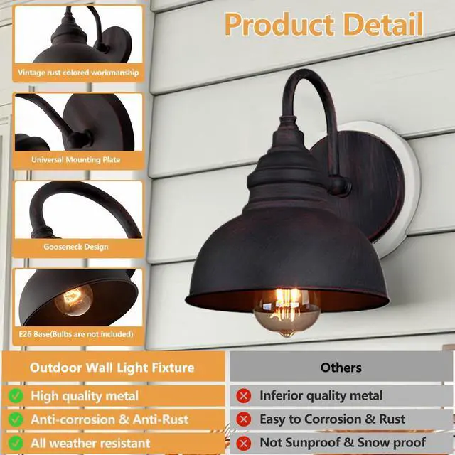 Alt view image 6 of 7 - 2-Pack Outdoor Gooseneck Wall Sconce, Rustic Farmhouse Exterior Barn Light Antique Copper Finish Wall Mount Light Vintage Wall Lighting Fixture E26 Waterproof Wall Lantern for Garage Patio