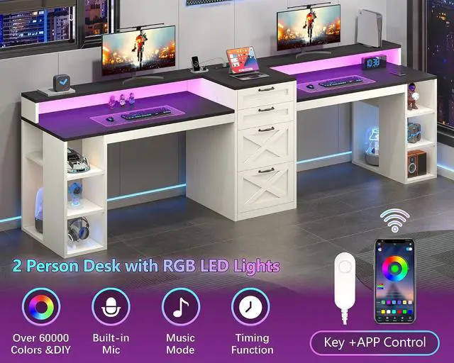 Alt view image 7 of 7 - Farmhouse 2 Person Computer Desk with 4 Drawers and Power Outlets, 94.5" Long Office Desk with Printer Shelf, Monitor Stand, Gaming Desk with LED Lights, Black and White
