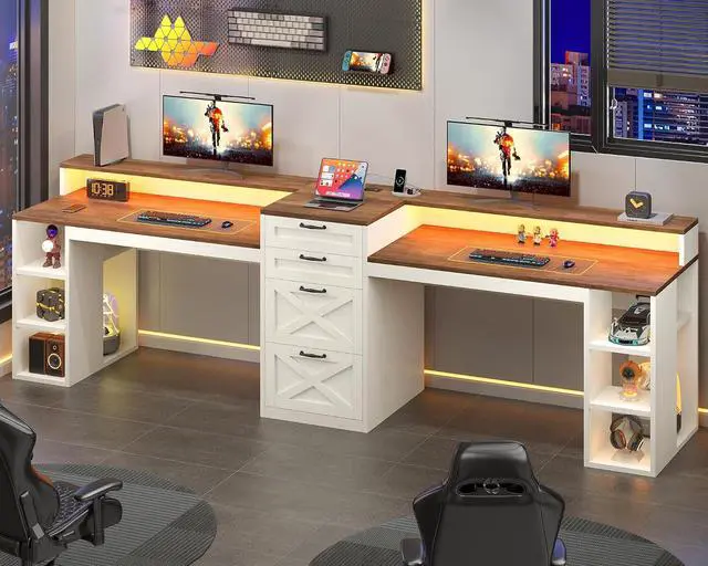 Alt view image 3 of 7 - Farmhouse 2 Person Computer Desk with 4 Drawers and Power Outlets, 94.5" Long Office Desk with Printer Shelf, Monitor Stand, Gaming Desk with LED Lights, Brown and White