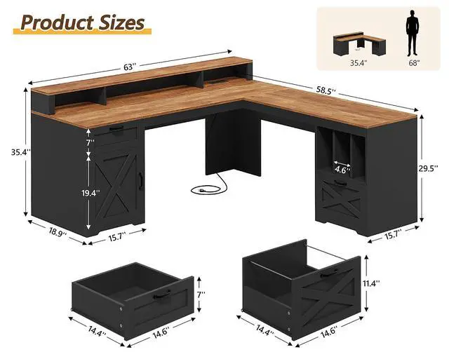 Alt view image 2 of 7 - Farmhouse 63" L Shaped Desk with Drawers and Storage Shelf, Home Office Desk with Power Outlets, Storage Cabinet, Corner Computer Desk with Long Monitor Stand, Brown and Black
