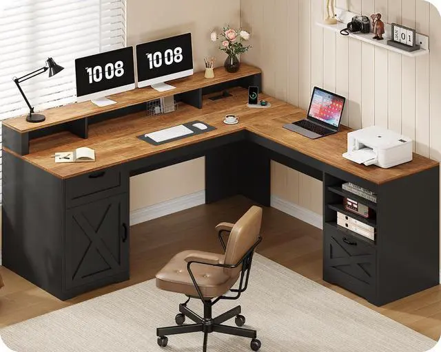 Main image of Farmhouse 63" L Shaped Desk with Drawers and Storage Shelf, Home Office Desk with Power Outlets, Storage Cabinet, Corner Computer Desk with Long Monitor Stand, Brown and Black