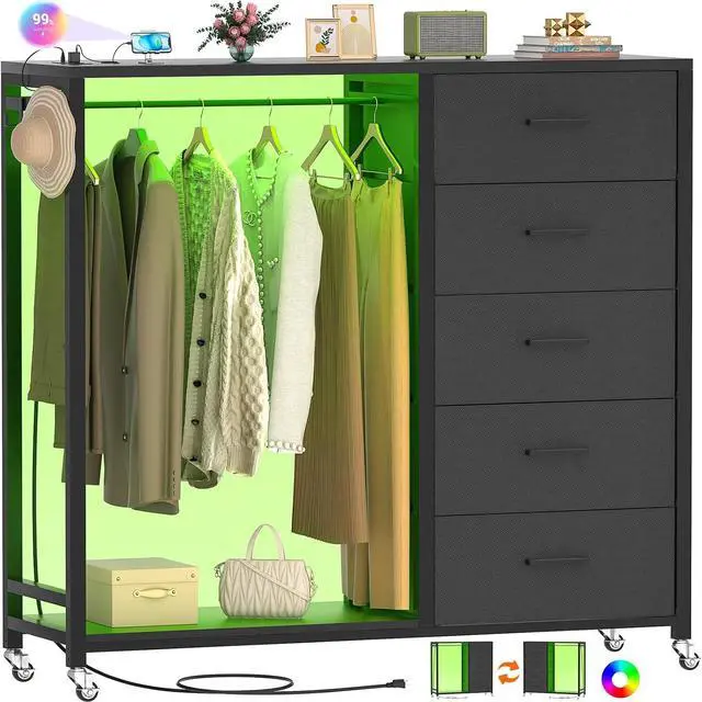 Main image of Dresser with Hanging Rack, 5 Fabric Drawers Dresser with Clothes Rack, Wooden Top Storage Chest of Drawers with Charging Station & LED Lights, Lockable Wheels, Closet