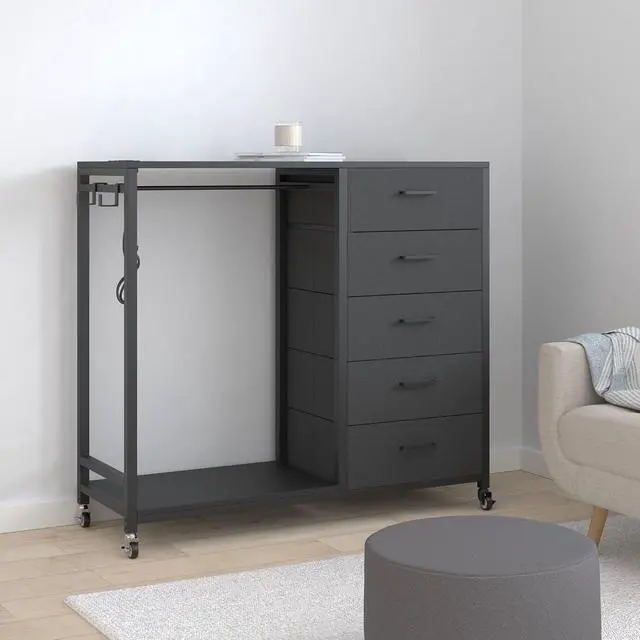 Alt view image 2 of 7 - Dresser with Hanging Rack, 5 Fabric Drawers Dresser with Clothes Rack, Wooden Top Storage Chest of Drawers with Charging Station & LED Lights, Lockable Wheels, Closet