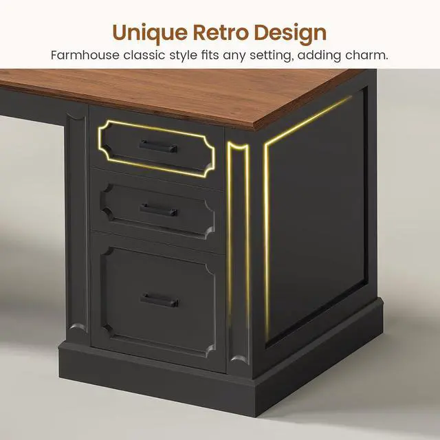 Alt view image 7 of 7 - Farmhouse 110.3" Two Person Desk with 7 Drawers, Long Computer Desk with Storage Cabinet, 2 Person Desk with Power Outlets for Home Office, Black+Brown