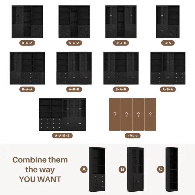 Alt view image 5 of 7 - 80" H Bookshelf with Adjustable Shelves and Thickened Top Panel, 6-Tier Open Storage Shelf, Tall Bookcase with 3 Drawers, Bookshelf with Doors for Home Office, Dining Room, Set of 3 (Black)