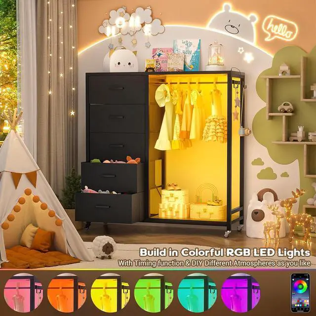 Alt view image 5 of 7 - Dresser with Hanging Rack, 5 Fabric Drawers Dresser with Clothes Rack, Wooden Top Storage Chest of Drawers with Charging Station & LED Lights, Lockable Wheels, Closet