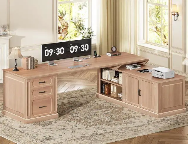 Main image of Farmhouse L Shaped Desk with Drawers, 70.9" Home Office Desk with Storage Cabinet and Storage Shelves, L Shaped Computer Desk with Power OutletOak