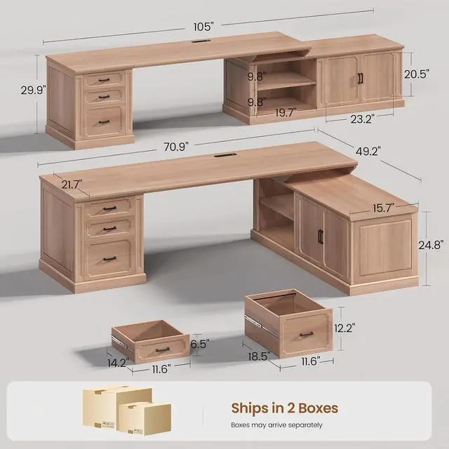 Alt view image 2 of 7 - Farmhouse L Shaped Desk with Drawers, 70.9" Home Office Desk with Storage Cabinet and Storage Shelves, L Shaped Computer Desk with Power OutletOak