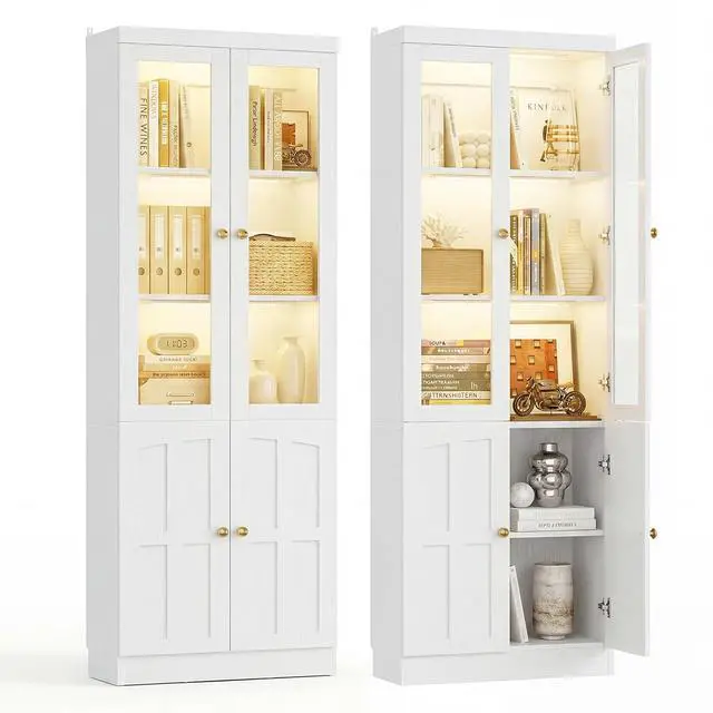 Alt view image 3 of 7 - 80" Bookshelf with Tempered Glass Doors and 3 Motion Sensor Lights, Farmhouse Bookcase with Adjustable Shelves, Thickened Top Panel, for Living Room & Home Office (White)