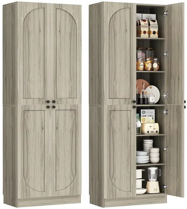 Main image of 80" Kitchen Pantry, Extra Tall Arch Storage Cabinet with 4 Soft Close Doors and Adjustable Shelves, Freestanding Wood Cupboard with Seamless Fit Wall for Dining Living Room Bathroom Furniture