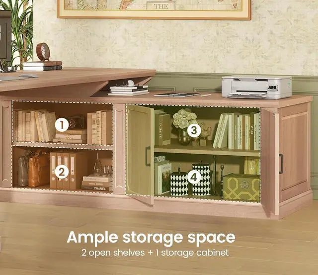 Alt view image 6 of 7 - Farmhouse L Shaped Desk with Drawers, 70.9" Home Office Desk with Storage Cabinet and Storage Shelves, L Shaped Computer Desk with Power OutletOak