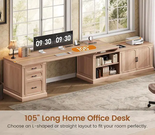 Alt view image 3 of 7 - Farmhouse L Shaped Desk with Drawers, 70.9" Home Office Desk with Storage Cabinet and Storage Shelves, L Shaped Computer Desk with Power OutletOak