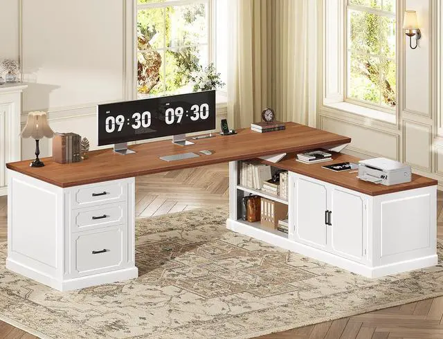 Main image of Farmhouse L Shaped Desk with Drawers, 70.9" Home Office Desk with Storage Cabinet and Storage Shelves, L Shaped Computer Desk with Power OutletWhite+Brown