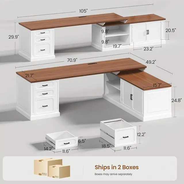 Alt view image 2 of 7 - Farmhouse L Shaped Desk with Drawers, 70.9" Home Office Desk with Storage Cabinet and Storage Shelves, L Shaped Computer Desk with Power OutletWhite+Brown