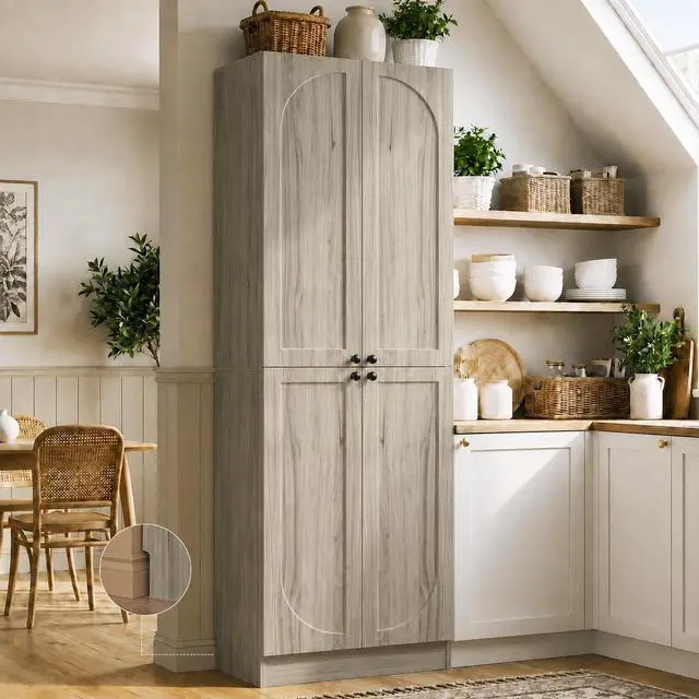 Alt view image 2 of 7 - 80" Kitchen Pantry, Extra Tall Arch Storage Cabinet with 4 Soft Close Doors and Adjustable Shelves, Freestanding Wood Cupboard with Seamless Fit Wall for Dining Living Room Bathroom Furniture