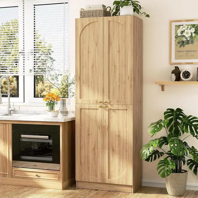 Alt view image 6 of 7 - 80" Kitchen Pantry, Extra Tall Arch Storage Cabinet with 8 Soft Close Doors and Adjustable Shelves, Freestanding Wood Cupboard with Seamless Fit Wall for Dining Living Room Bathroom Furniture