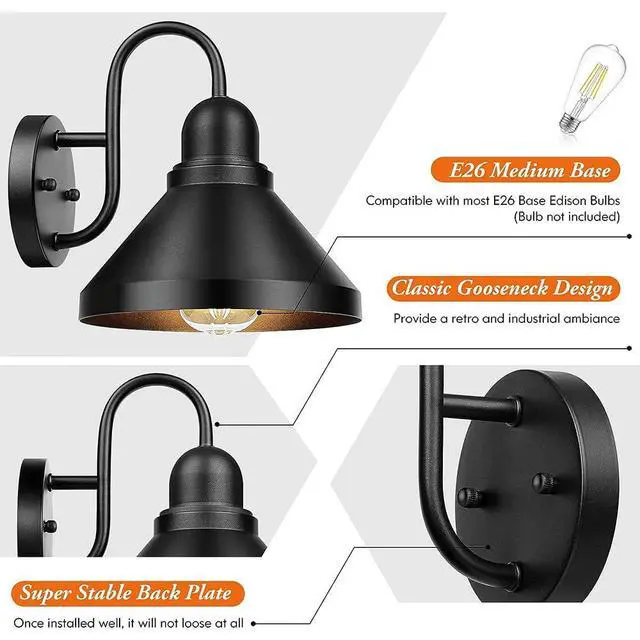 Alt view image 6 of 7 - Vintage Outdoor Wall Sconce 8 Inch Gooseneck Barn Light Anti-Rust Waterproof Wall Mount Porch Lights Farmhouse Exterior Wall Light for Garage Patio Doorway(Black)