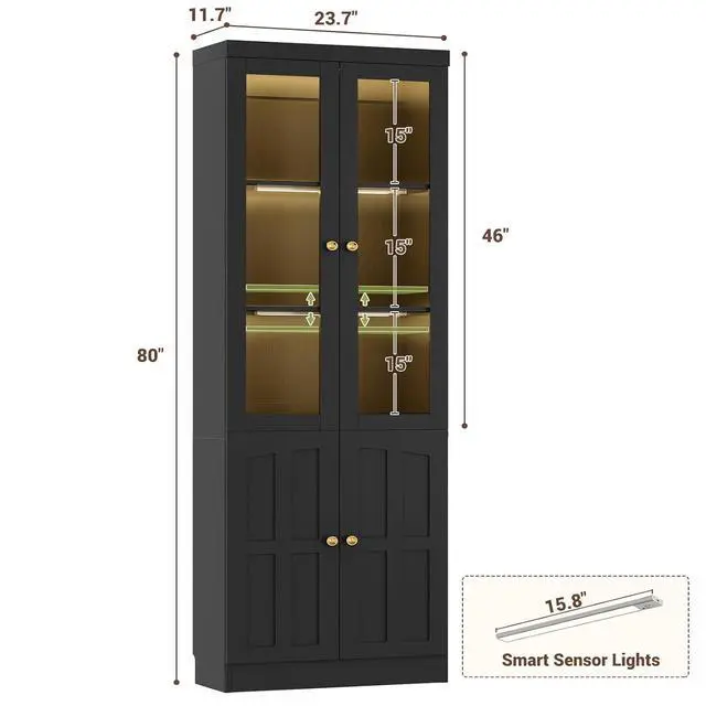 Alt view image 2 of 7 - 80" Bookshelf with Tempered Glass Doors and 3 Motion Sensor Lights, Farmhouse Bookcase with Adjustable Shelves, Thickened Top Panel, for Living Room & Home Office (Black)