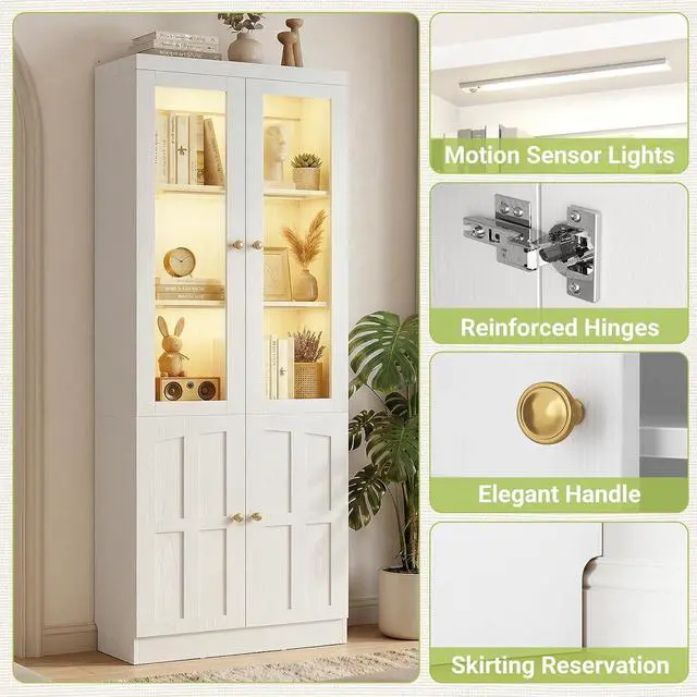 Alt view image 7 of 7 - 80" Bookshelf with Tempered Glass Doors and 3 Motion Sensor Lights, Farmhouse Bookcase with Adjustable Shelves, Thickened Top Panel, for Living Room & Home Office (White)