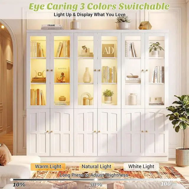 Alt view image 5 of 7 - 80" Bookshelf with Tempered Glass Doors and 3 Motion Sensor Lights, Farmhouse Bookcase with Adjustable Shelves, Thickened Top Panel, for Living Room & Home Office (White)