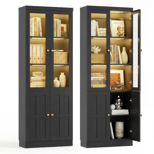 Alt view image 3 of 7 - 80" Bookshelf with Tempered Glass Doors and 3 Motion Sensor Lights, Farmhouse Bookcase with Adjustable Shelves, Thickened Top Panel, for Living Room & Home Office (Black)