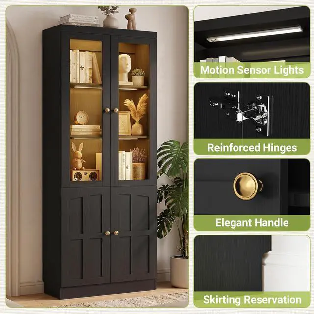 Alt view image 7 of 7 - 80" Bookshelf with Tempered Glass Doors and 3 Motion Sensor Lights, Farmhouse Bookcase with Adjustable Shelves, Thickened Top Panel, for Living Room & Home Office (Black)