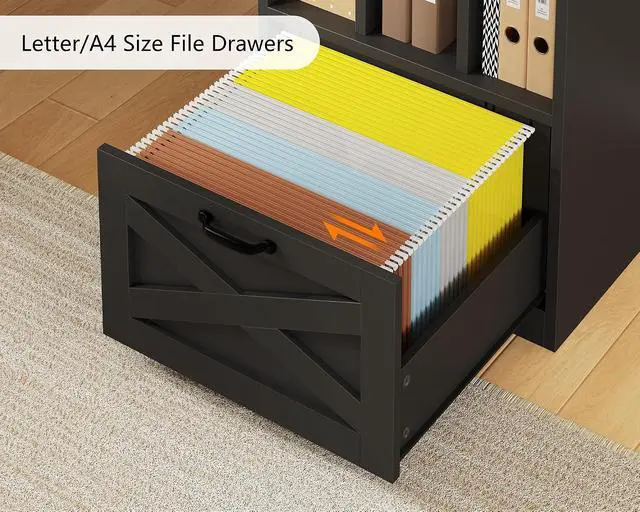 Alt view image 5 of 7 - Farmhouse 63" L Shaped Desk with Drawers and Storage Shelf, Home Office Desk with Power Outlets, Storage Cabinet, Corner Computer Desk with Long Monitor Stand, Brown and Black