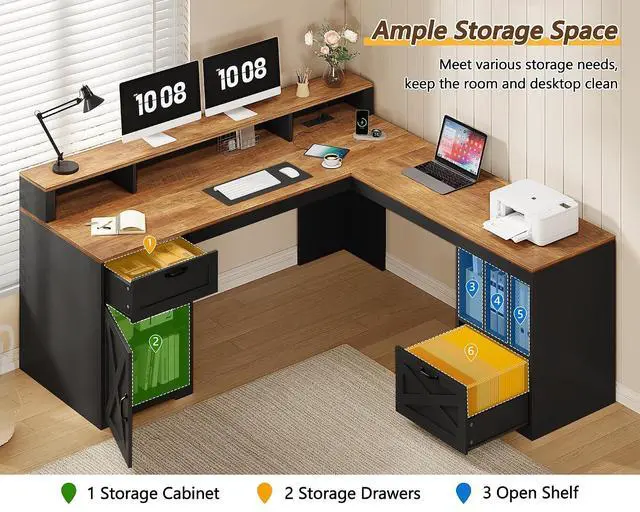 Alt view image 7 of 7 - Farmhouse 63" L Shaped Desk with Drawers and Storage Shelf, Home Office Desk with Power Outlets, Storage Cabinet, Corner Computer Desk with Long Monitor Stand, Brown and Black