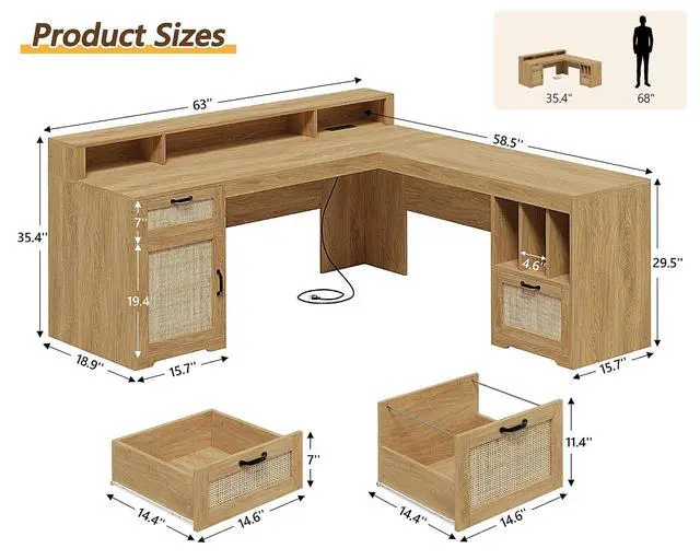 Alt view image 2 of 7 - Farmhouse 63" L Shaped Desk with Drawers and Storage Shelf, Home Office Desk with Power Outlets, Storage Cabinet, Corner Computer Desk with Long Monitor Stand, Oak/Rattan