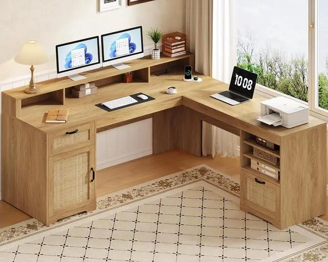 Alt view image 3 of 7 - Farmhouse 63" L Shaped Desk with Drawers and Storage Shelf, Home Office Desk with Power Outlets, Storage Cabinet, Corner Computer Desk with Long Monitor Stand, Oak/Rattan