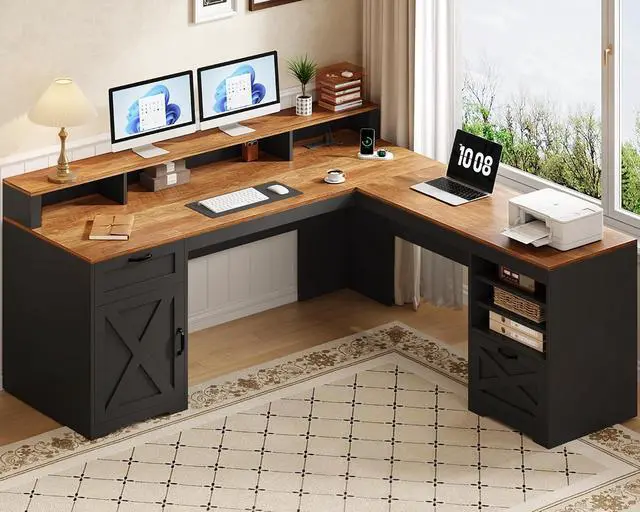 Alt view image 3 of 7 - Farmhouse 63" L Shaped Desk with Drawers and Storage Shelf, Home Office Desk with Power Outlets, Storage Cabinet, Corner Computer Desk with Long Monitor Stand, Brown and Black