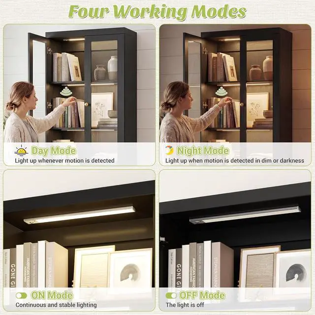 Alt view image 6 of 7 - 80" Bookshelf with Tempered Glass Doors and 3 Motion Sensor Lights, Farmhouse Bookcase with Adjustable Shelves, Thickened Top Panel, for Living Room & Home Office (Black)