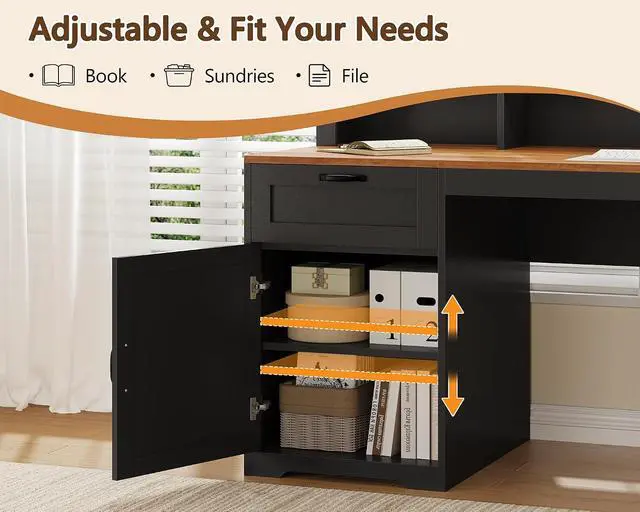 Alt view image 6 of 7 - Farmhouse 63" L Shaped Desk with Drawers and Storage Shelf, Home Office Desk with Power Outlets, Storage Cabinet, Corner Computer Desk with Long Monitor Stand, Brown and Black