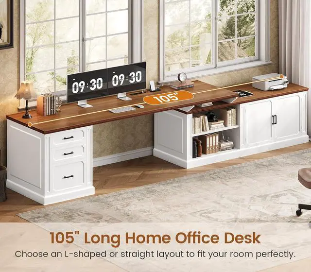 Alt view image 3 of 7 - Farmhouse L Shaped Desk with Drawers, 70.9" Home Office Desk with Storage Cabinet and Storage Shelves, L Shaped Computer Desk with Power OutletWhite+Brown