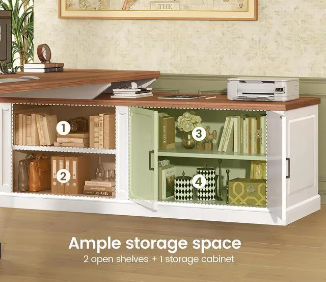Alt view image 6 of 7 - Farmhouse L Shaped Desk with Drawers, 70.9" Home Office Desk with Storage Cabinet and Storage Shelves, L Shaped Computer Desk with Power OutletWhite+Brown