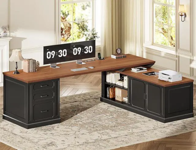 Main image of Farmhouse L Shaped Desk with Drawers, 70.9" Home Office Desk with Storage Cabinet and Storage Shelves, L Shaped Computer Desk with Power OutletBlack+Brown